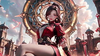 Red Armor Queen in the Floating City! Epic fantasy tease, tight red bodysuit.