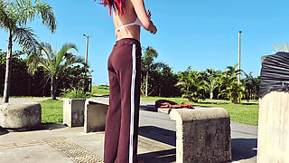 Wife takes off her pants and walks only in her panties on the street in public in the park!