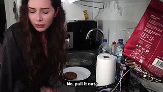 Fucked my sexy brunette stepmom in her ass in the kitchen when he husband called her