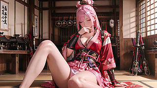 Pink-haired warrior kneeling on tatami, high-slit kimono slipping to reveal snowy thighs.