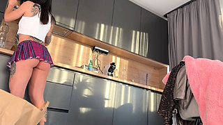 Hot Brunette Babe Tight Pussy Real College Girl in Shortest Short Miniskirt and Pink Heart Style Panties Flashes Pussy and Ass