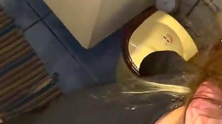 Toilet pee fun sloppy teen blowjob