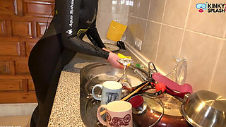 Flooded Mask Dishwashing in Wetsuit & Heels - Wet Mess Fun