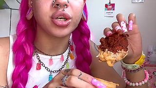 Eating Mukbang Sploshing Huge Meal Overeating Chicken Cheese Facestuffing Girl Eating Petite Skinny Girl Stuffing Food Gre