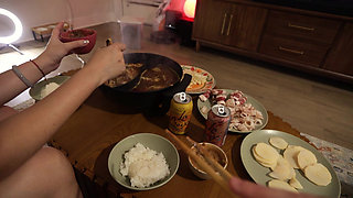 Hot chinese wife prepares hot pot.... eats daddy's cum with her chopsticks