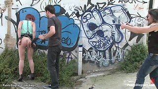 Ginger slut deep throat fucked outdoor