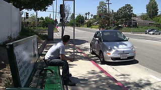 Busty mature cougar milf picks up lucky guy at bus stop for sex