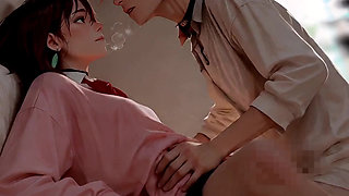 Nighttime Seduction - Red Bow Unfastened, Blue Skirt Lifted, Secret Nipples Exposed Under Soft Light