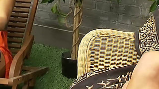 Busty Blonde Maid and Her Big Tits Friend Share Toys in a Lesbian Garden Session