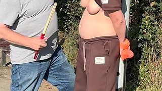 Tits Play with Clamps and Weights, Outdoor Bondage for Tits and Ass Caning