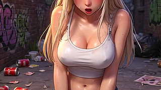 Blonde in white top and thick breasts, masturbating in the side alley