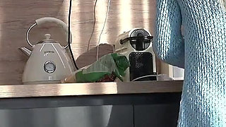 Hottest One of the Most Beautiful Wives Ever Petite Blonde in the Kitchen Goes No Panties Shows Tight Shaved Pussy and Naked Ass