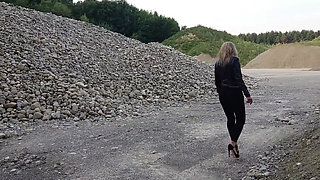 Grandma Is Walking Around a Gravel Pit in Tight Leggings and High Heels!