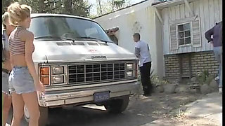 Two guys watch a slutty blond get fucked in her pussy by a machine