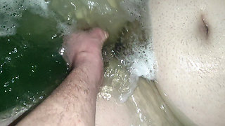 Sexy BBW Girlfriend Gets Her Nice Big Belly and Big Tits Massaged in the Bathtub. He Gets His Big Cock Massaged