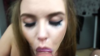 Schoolgirl gives very sloppy blowjob, gets huge facial