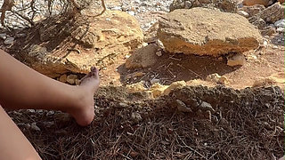 Girl Pissing Outdoors Multiple Times: Desperate Hike With Full Bladder To A Public Beach Peeing Everywhere
