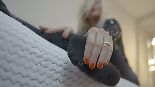 Mature Blonde MILF Teases with Glittery Stockinged Feet