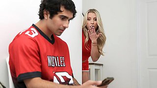 Blonde Tiffani Time in a red crop top watches him drop his shorts