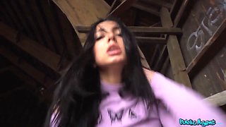 Adorable italian pulls white g-string to one side for my Big Dick - public agent