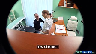 Faux hospital - sex-positive nurse tempted her old college prof for a hard office pound