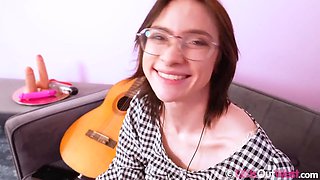 Small Titted Brunette in Glasses Squeezes Her Huge Clitoris and Plays with Vibrators