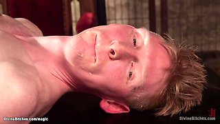 Blond femdom makes strapped man cum