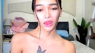 Big tit shemale jerks her long cock