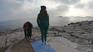 3 Naked Girls Yoga on Rocky Beach