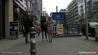 Bound Euro blond walked in public
