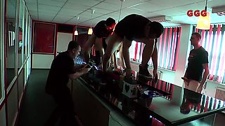 Behind-the-sequences mass ejaculation gang-bang film with warm stunner in GGG John Thompson