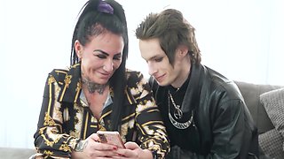 Inked Mature With Big Tits Gives Blowjob To Emo Stud