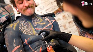 Tattooed Slave Tormented by Three Latex Femdoms – Extreme Sounding & Urethra Play