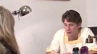 Pretty hot french blonde has oily sodomy and double penetration in threesome at massage parlor