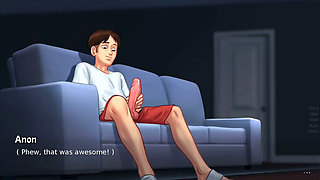 Debbie gives Anon's huge monster cock a surprise footjob - summertime saga gameplay