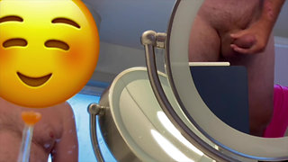 Pre-shower and shower wank with cum