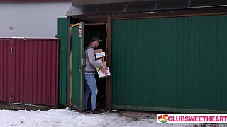 Slutty Brunette Sumiko got fucked by a delivery guy wearing leg warmers