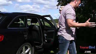 British voyeur babe in car watching guy jerks off outdo