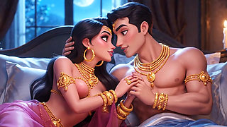 Erotic Fantasy Romance - Golden Jewelry Couple Deep Kissing & Bed Play
