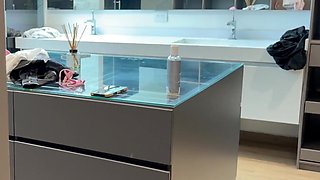 Caring stepdad helping this good girl taking a shower giving her some lotion