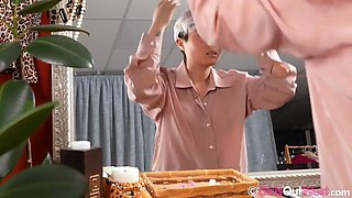 Hot Dark-skinned Babe in Stockings and Hairy Butch Lesbian Lick and Finger Each Other on Bed