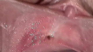 Far Spread Pussy Even Further Open and with Dildo Working Close up, Looking Inside and Squirt