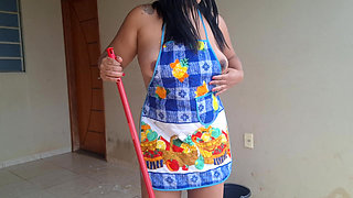 Hotwife Cleaning the Yard in Just an Apron and Slutty Panties