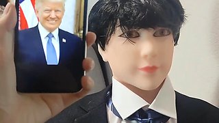 Hot asian girl with hairy pussy fucks with a sex doll and rides its cock