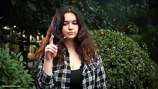 Sweet and Busty Russian Babe Smoking Cigarette in Nature