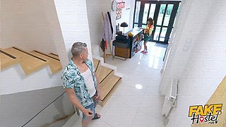 Fake hostel - brazilian teen with petite bum catches older boy jerking