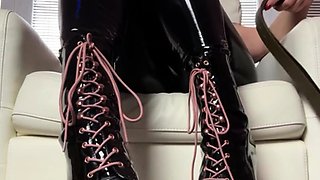 Crawl at my boots, hot mistress Kate in her latex and high