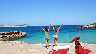 Two hot lesbians have fun by the pool