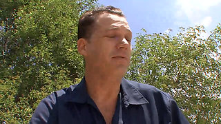 Cuckold looks at his cock slammed