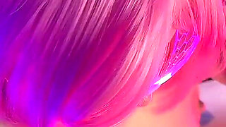 POV Camera. Neon Sex with Tattooed Barbie and Superman, Fetish and Cum on Ass